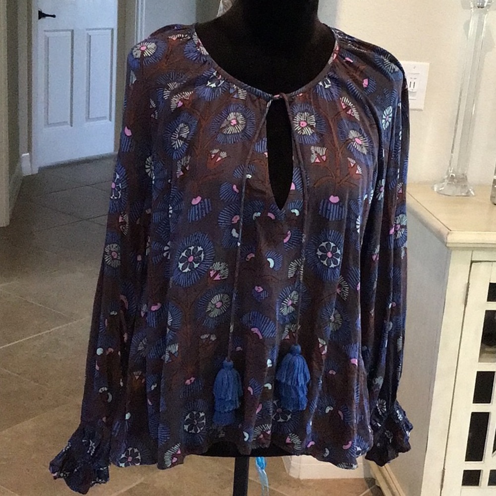 Sohalia peasant top, brown/blue/pale green/lavendar, tassel front, size M